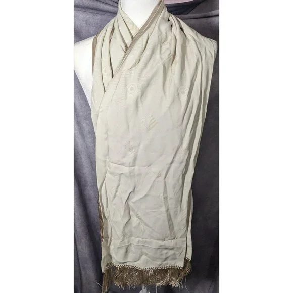 Vintage Donna Livingston Silk Beige Geometric Textured Scarf With Fringe